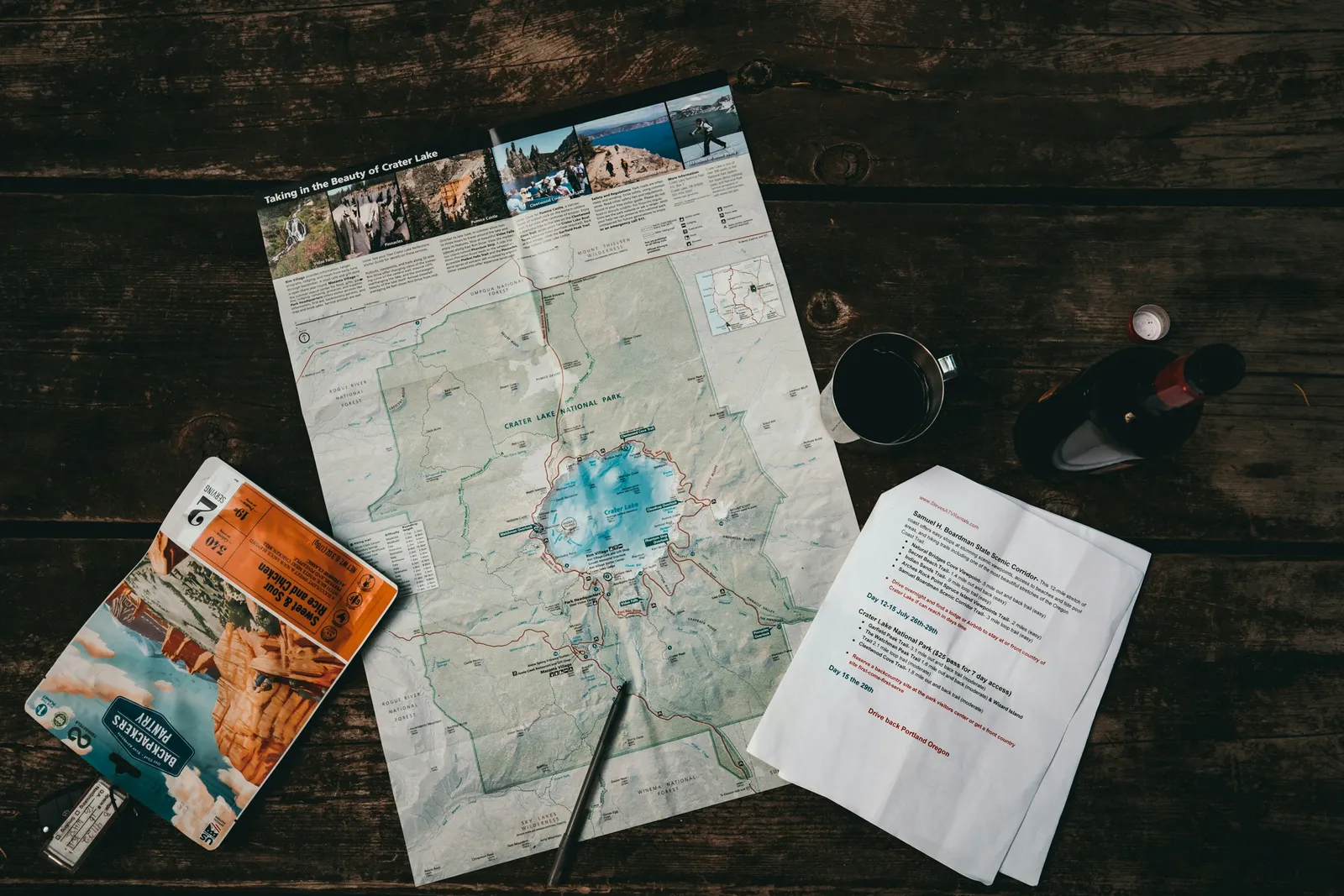 Flatlayout auf einem dunklen Holztisch mit Wanderkarte, Reiseführer, handbeschriebenen Notizen, Kaffeetasse und Sonnenbrille. Eine Planungs-Ästhetik für einen bewussten nächsten Schritt.