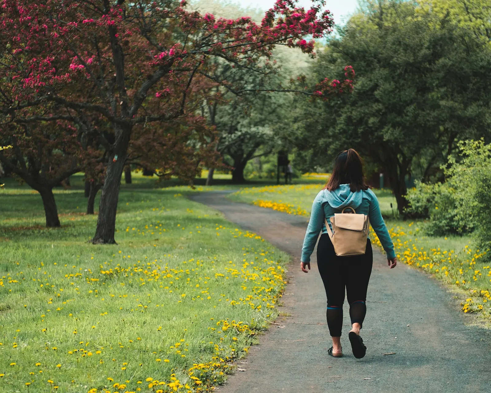 Eine Frau in blauer Jacke und beigem Rucksack geht einen baumgesäumten Parkweg entlang, umgeben von rosa blühenden Bäumen und gelben Wildblumen auf der Wiese.