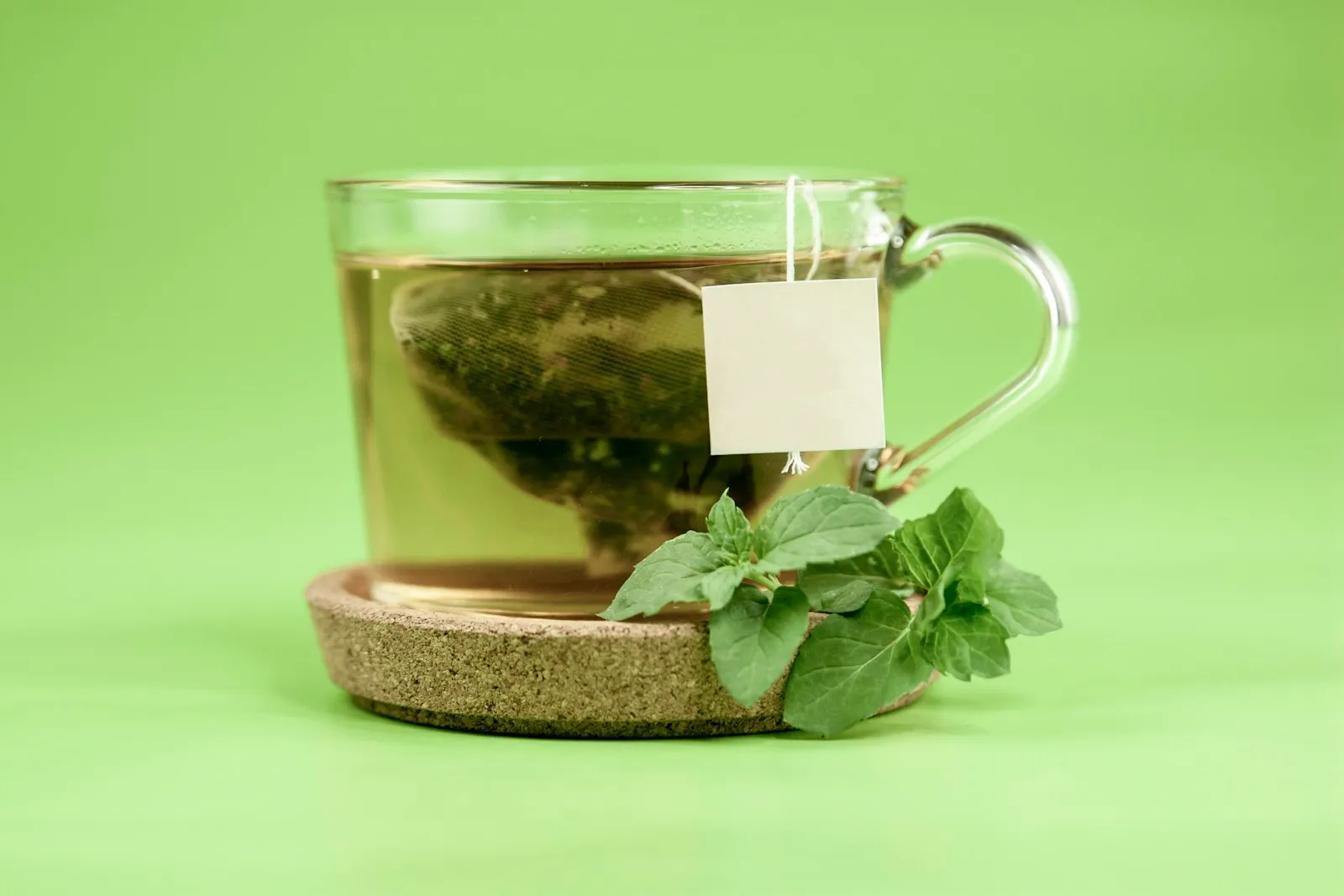 Ein Glas mit hellgrünem Kräutertee, darin ein Teebeutel, steht auf einem runden Korkuntersetzer vor grünem Hintergrund. Daneben liegt ein Zweig frischer Minze.