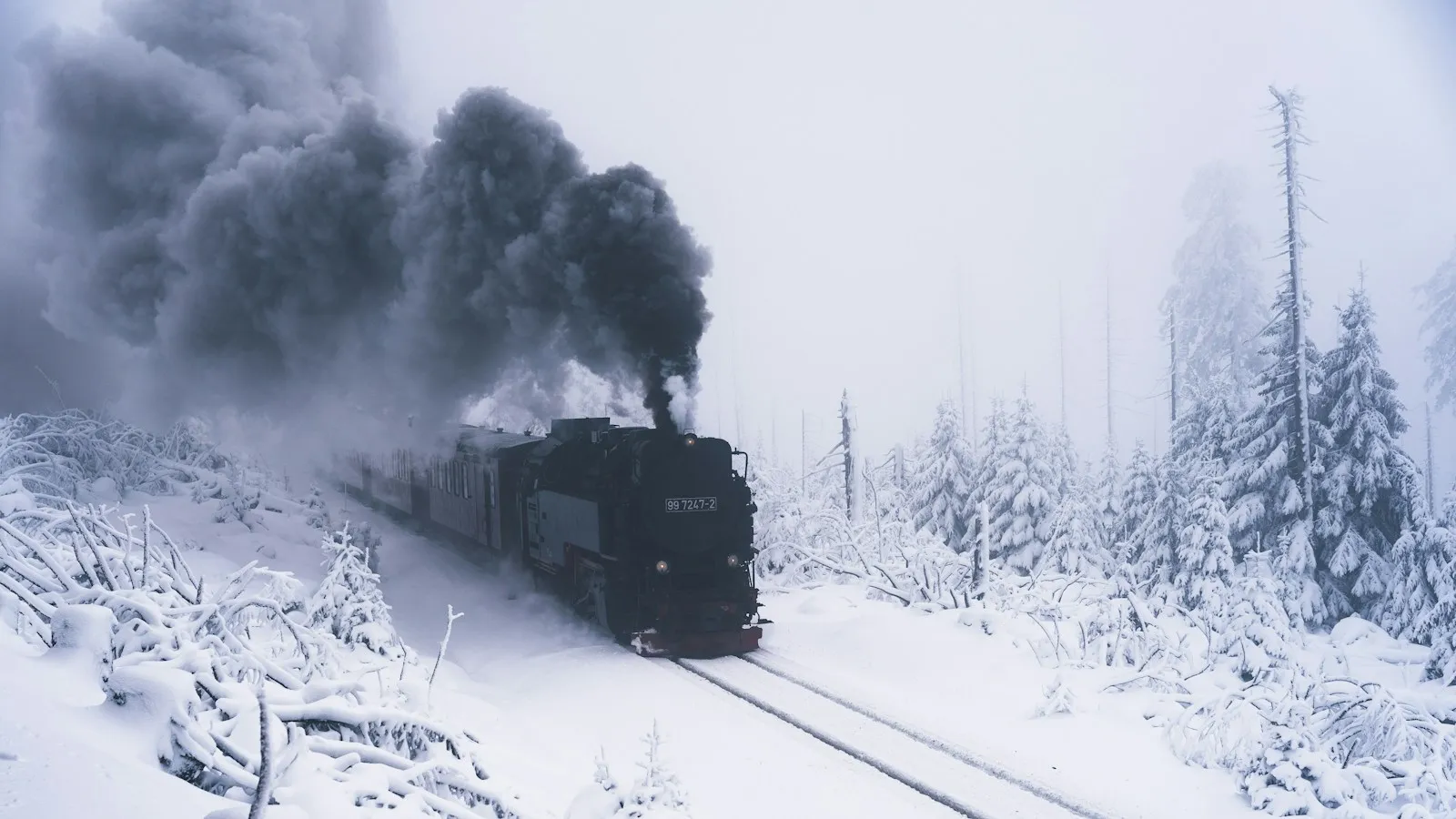 Eine schwarze Dampflok zieht einen Schmalspurzug durch einen tief verschneiten Nadelwald im Harz, dunkle Rauchwolken steigen in den grauen Himmel.