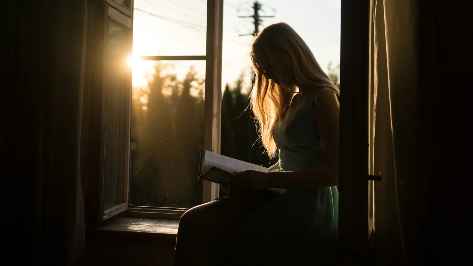 Eine Frau mit langen blonden Haaren sitzt im Gegenlicht auf einer Fensterbank und liest in einem aufgeschlagenen Buch. Durch das offene Fenster fällt tief stehendes Sonnenlicht, dahinter dunkle Baumwipfel.