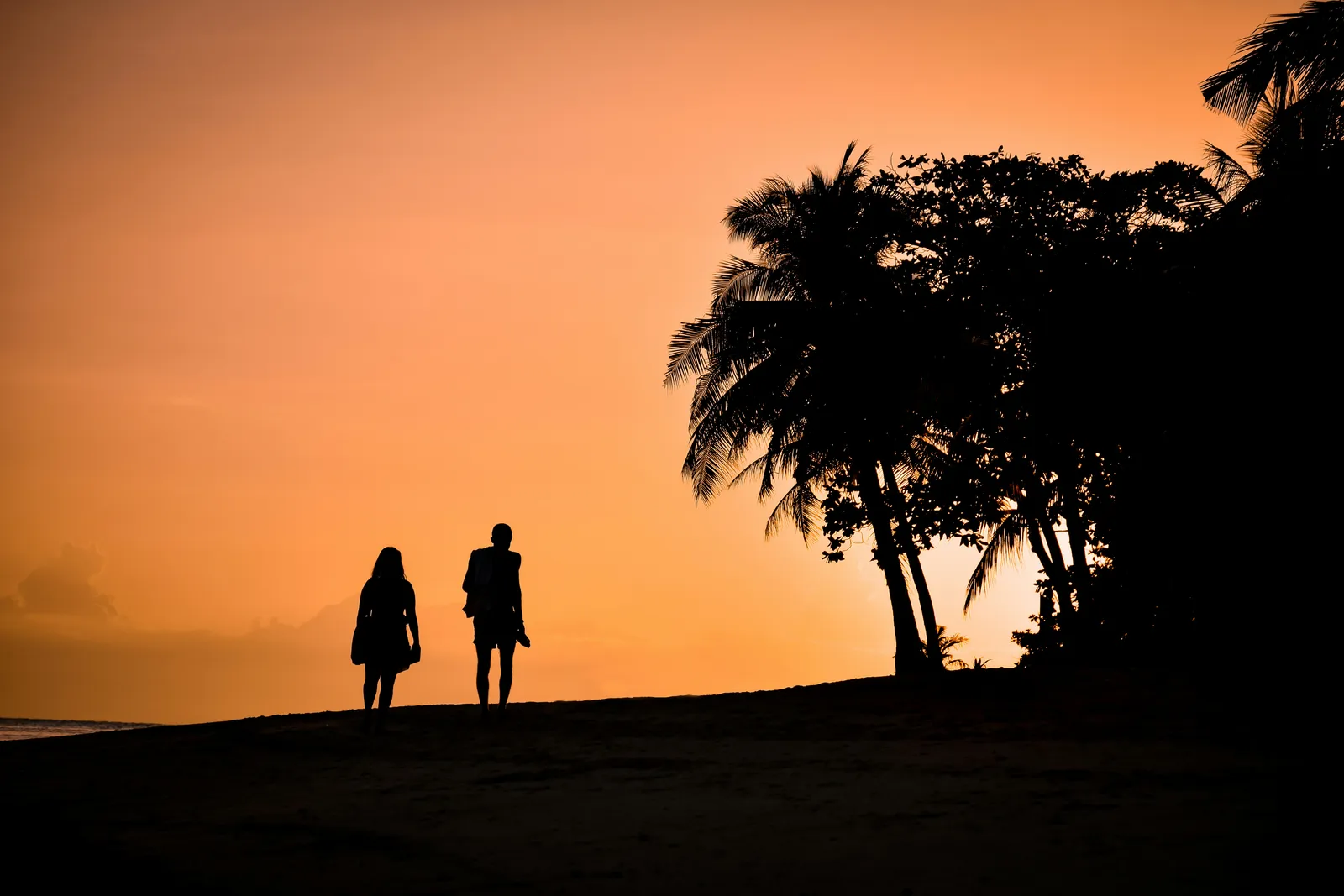Silhouette eines Paares, das bei Sonnenuntergang unter Palmen am Strand entlanggeht