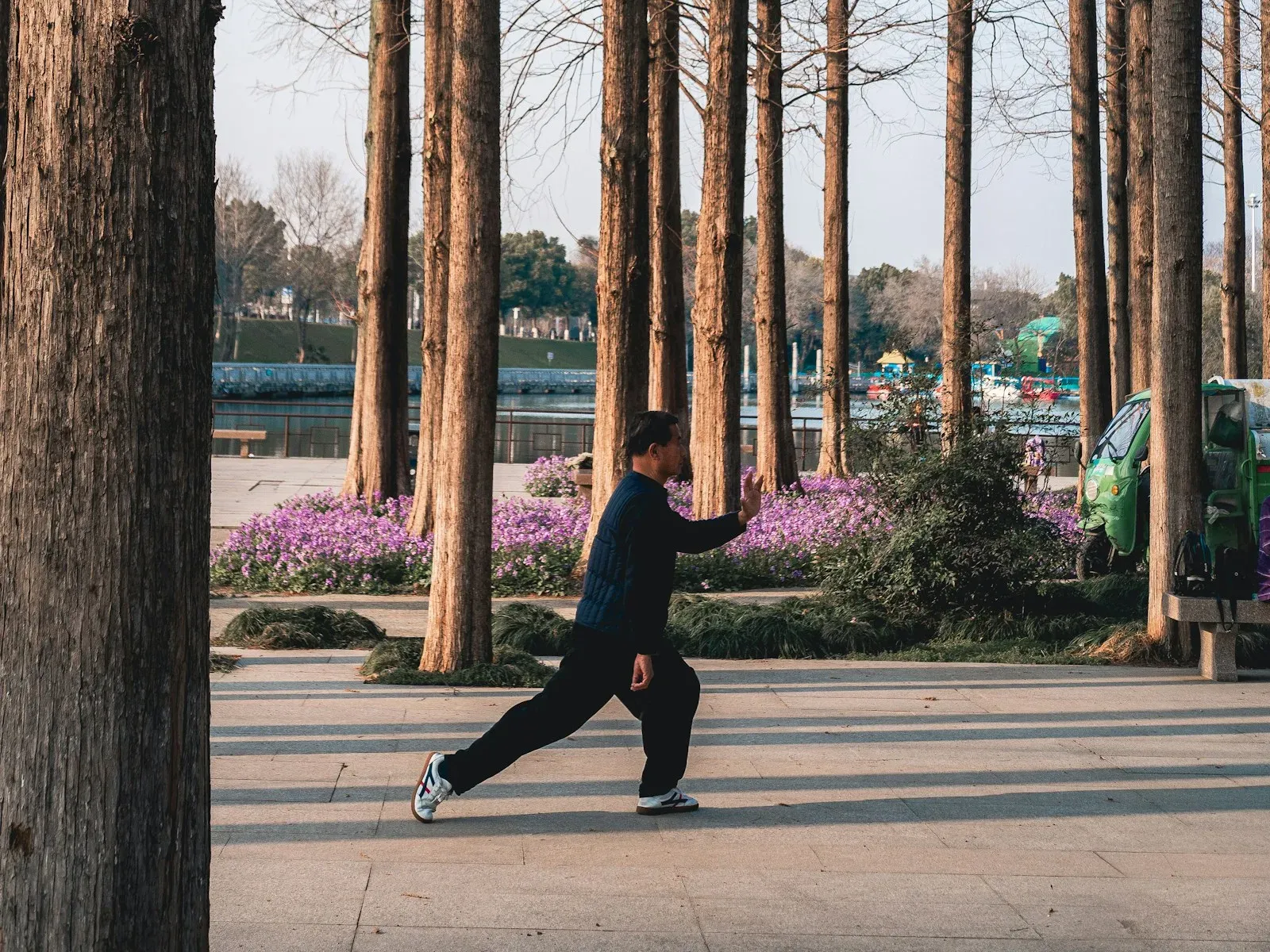 Ein Mann in dunkler Kleidung steht in einem weiten Ausfallschritt auf einem Parkweg und führt eine Tai-Chi-Bewegung aus, umgeben von hohen, kahlen Baumstämmen, dahinter lila blühende Beete und ein See.